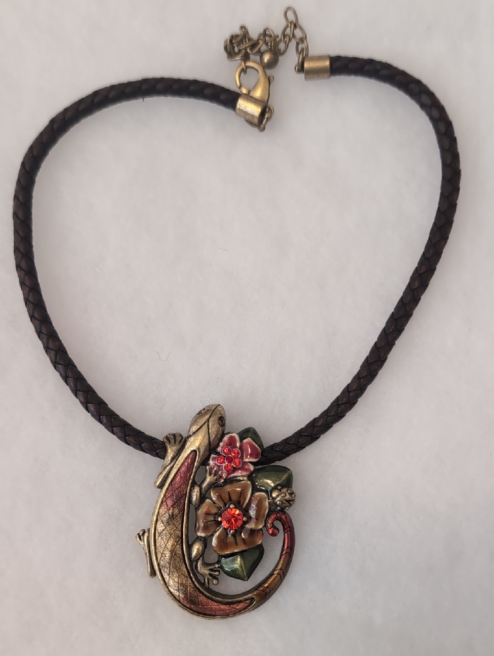 Chico's Brown Braided Cord Necklace with Floral Lizard Pendant
